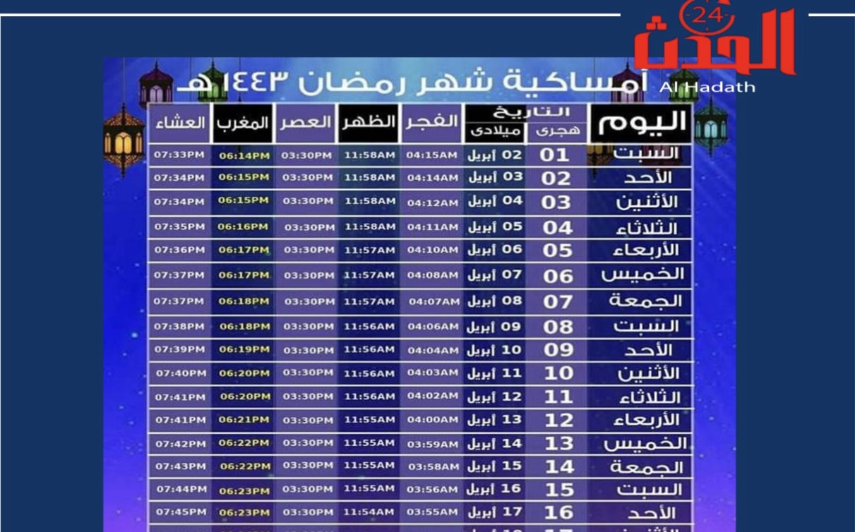 إمساكية شهر رمضان 2022 مواعيد الإفطار وساعات الصيام طوال الشهر الكريم